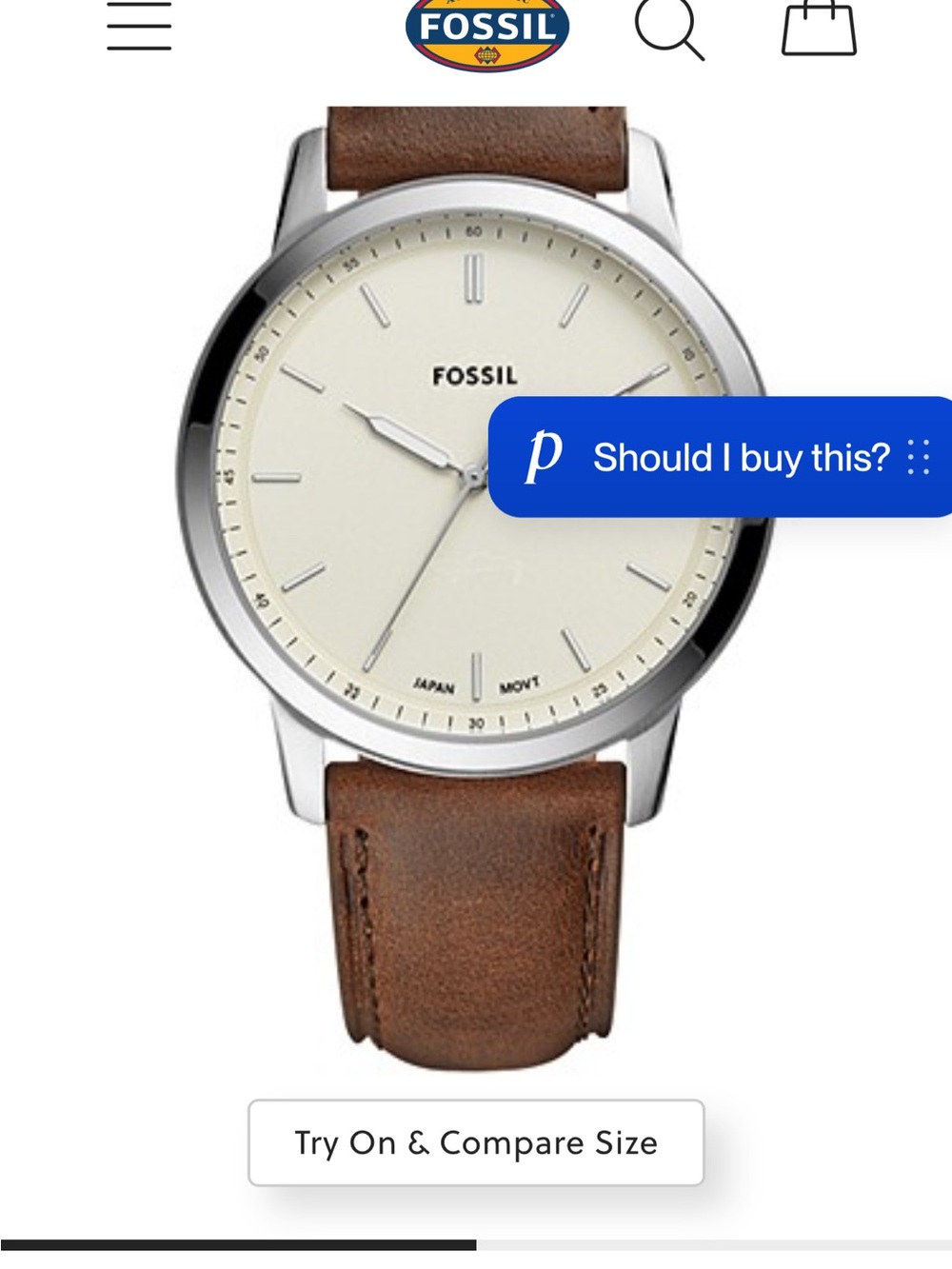 Fossil Brown Leather Strap Watch with Cream Dial. NEEDS BATTERY